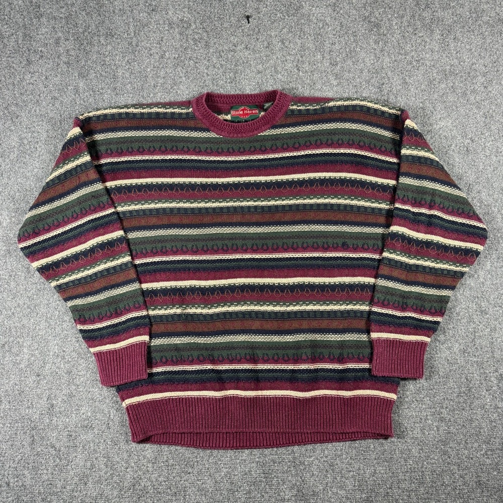 VTG Stone Haven Sweater Cotton Blend Striped Pattern Mens Size XL Grandpa 90s